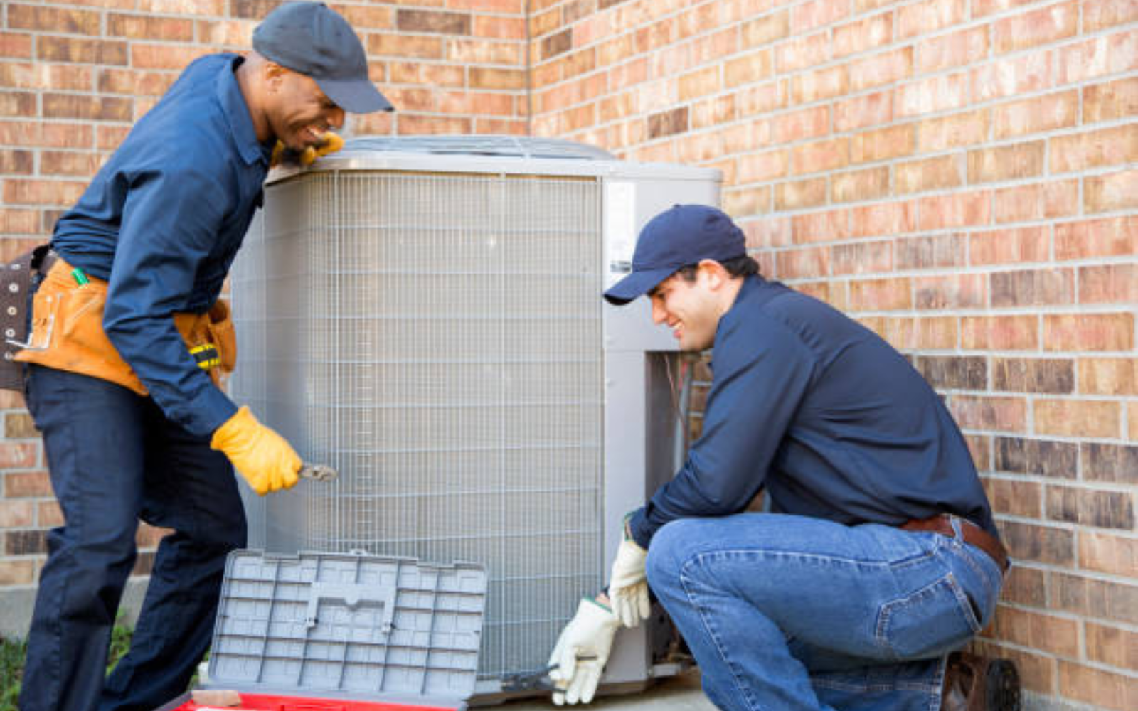 Two HVAC technicians servicing a large residential outdoor condenser